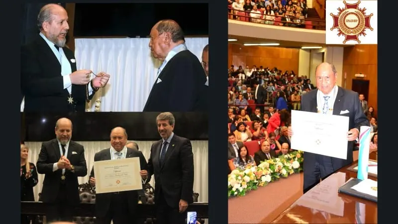 Entrega de condecoración al Maestro Moisés Tambini del Valle por parte de los presidentes del IPADEP en Perú (Dr. Iván Torres La Torre) y Argentina (Dr. Ricardo Ángel Basilico).