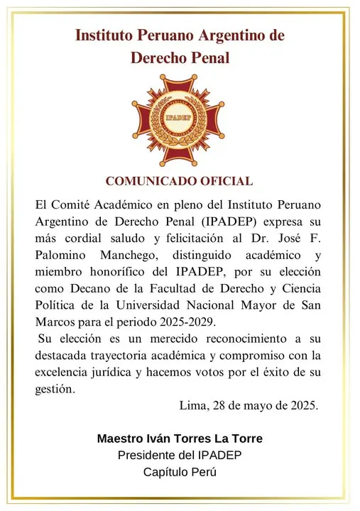 Documento original: Felicitación al Dr. José F. Palomino Manchego, Decano de Derecho de San Marcos