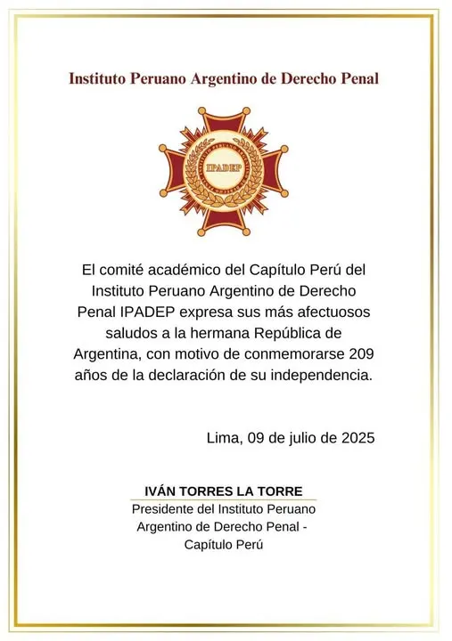 Documento original: Saludo a la República Argentina por los 209 años de su independencia