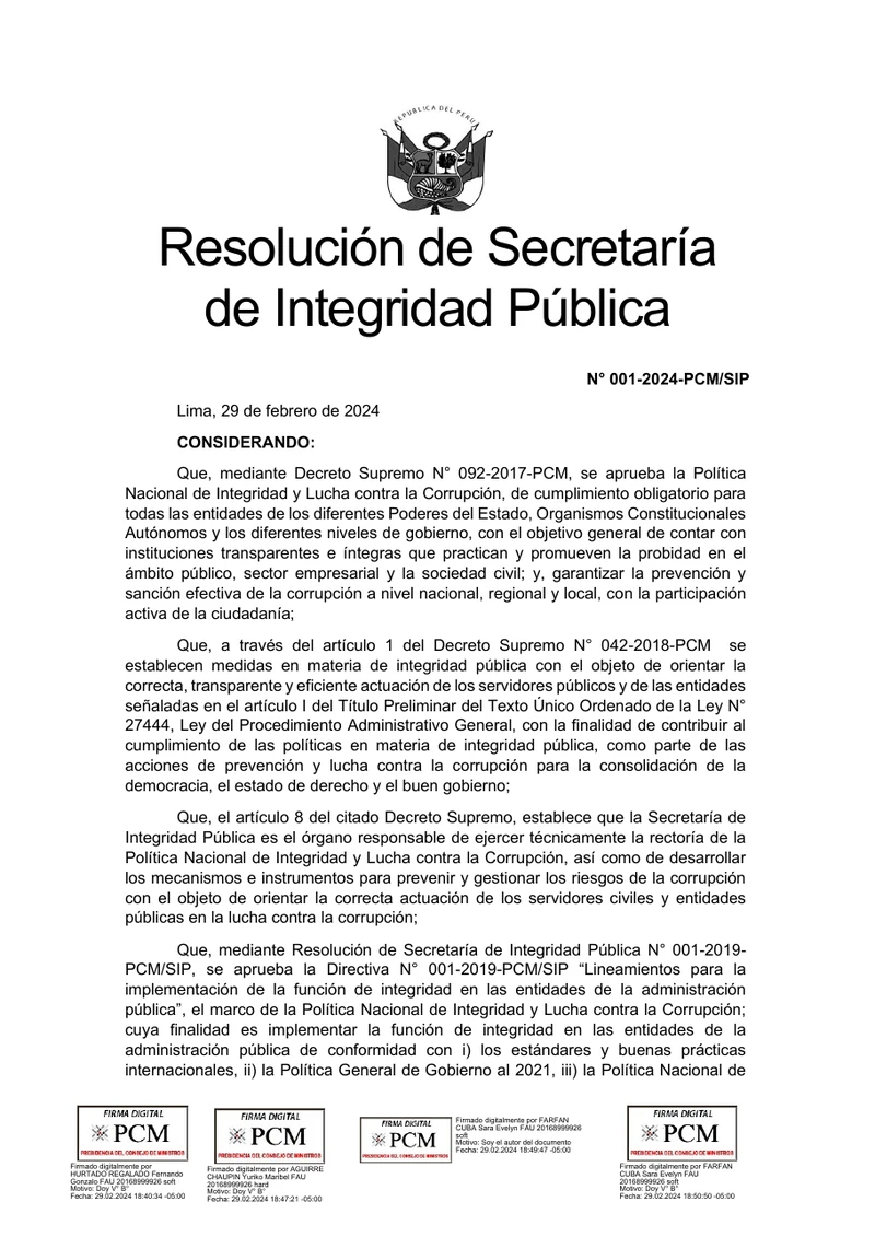 Documento original: IPADEP difunde la Directiva 001-2024-PCM/SIP sobre integridad en entidades públicas