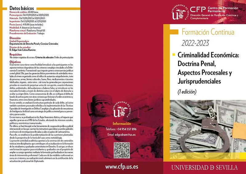 Folleto del programa de formación continua sobre criminalidad económica de la Universidad de Sevilla.