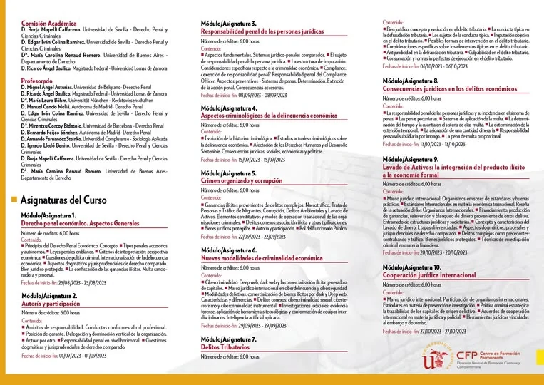 Detalle de asignaturas y docentes del programa de criminalidad económica.