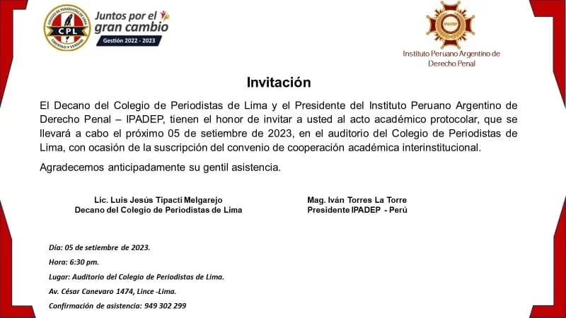 Invitación a la ceremonia del convenio entre el IPADEP y el Colegio de Periodistas de Lima.