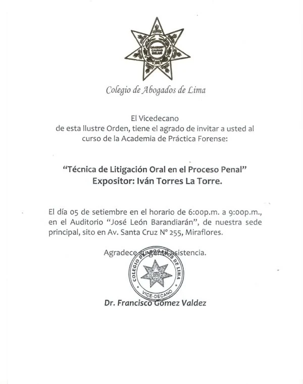 Invitación del Colegio de Abogados del Callao al ciclo de técnica de litigación oral.
