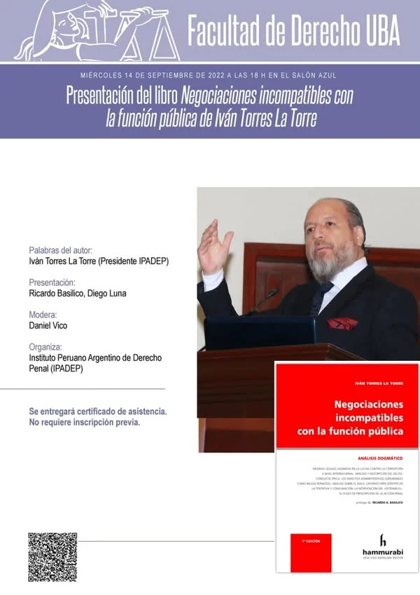 Afiche de la presentación de la obra «Negociaciones incompatibles con la función pública» en la Facultad de Derecho de la UBA.