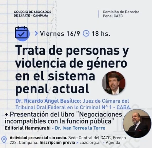 Afiche de la conferencia «Trata de personas y violencia de género en el sistema penal actual».