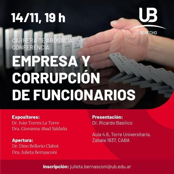 Afiche de la conferencia «Empresa y corrupción de funcionarios» en la Universidad de Belgrano.