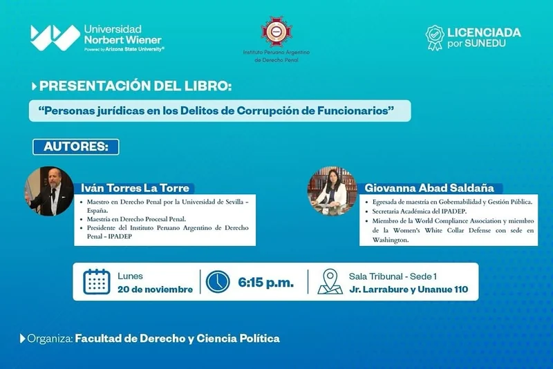 Afiche de la presentación del libro «Personas jurídicas en los delitos de corrupción de funcionarios».