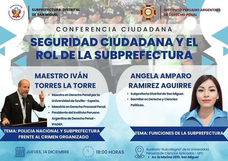 Afiche de la conferencia ciudadana «Seguridad ciudadana y el rol de la subprefectura».