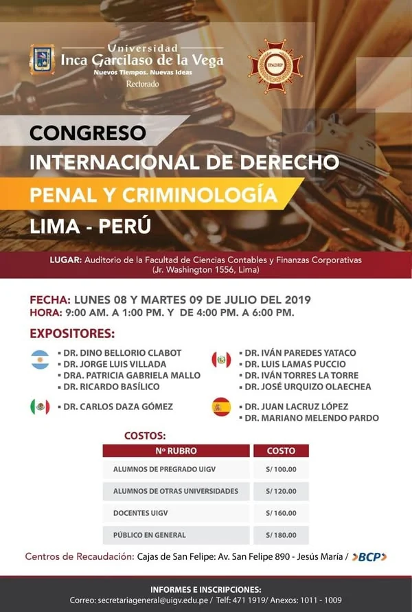 Afiche del Congreso Internacional de Derecho Penal y Criminología del IPADEP y la UIGV, con fechas, sede y relación de expositores.