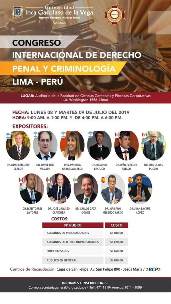 Afiche general del Congreso Internacional de Derecho Penal y Criminología, con el programa y los expositores de Perú y el extranjero.