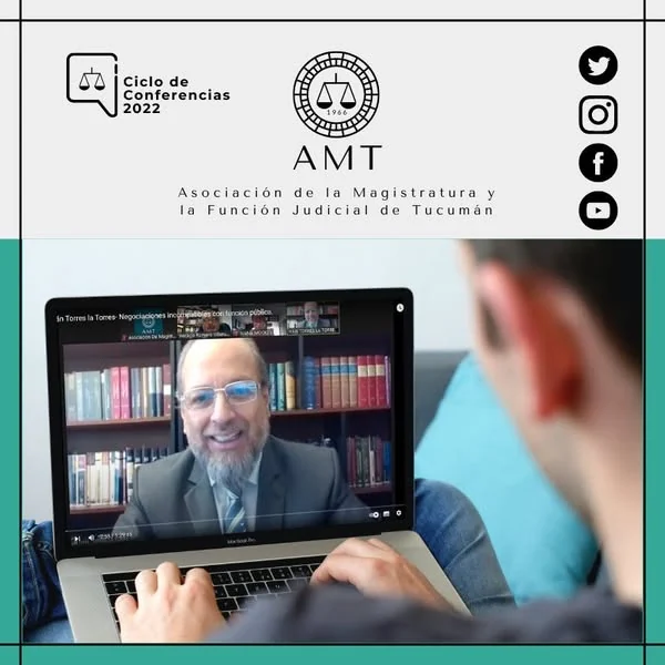 Afiche de la conferencia virtual sobre negociaciones incompatibles en el canal de la Asociación de Magistrados.