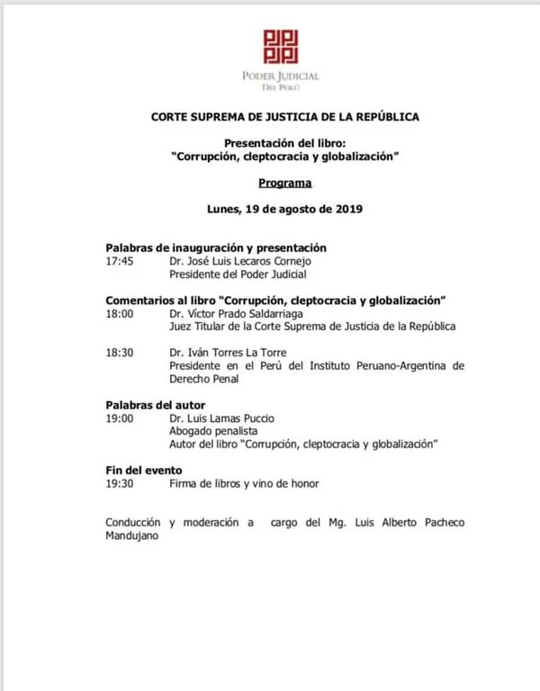 Programa de la presentación de «Corrupción y cleptocracia» en la Corte Suprema de Justicia de la República.