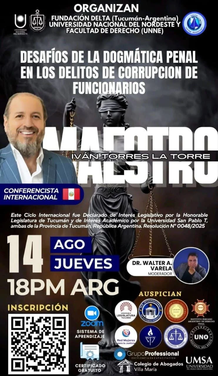 Afiche de la conferencia sobre los desafíos de la dogmática penal en los delitos de corrupción.