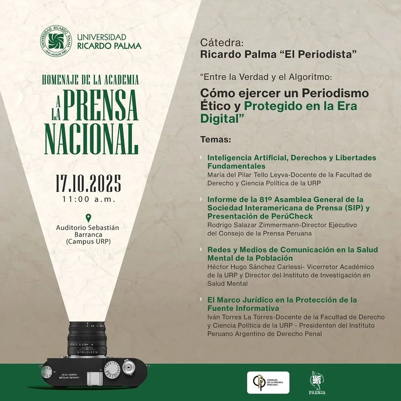 Programa del homenaje académico a la prensa nacional en la Universidad Ricardo Palma.