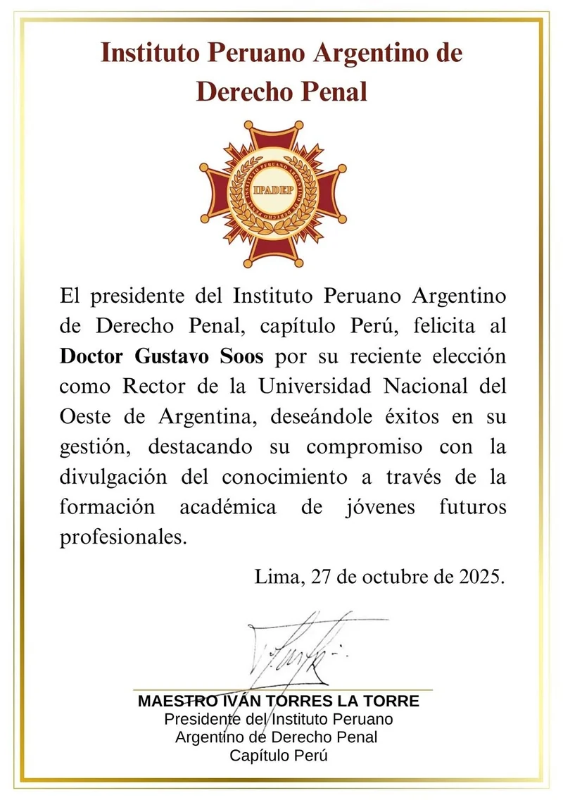 Documento original: Felicitación del IPADEP por la reelección del rector de la Universidad Nacional del Oeste