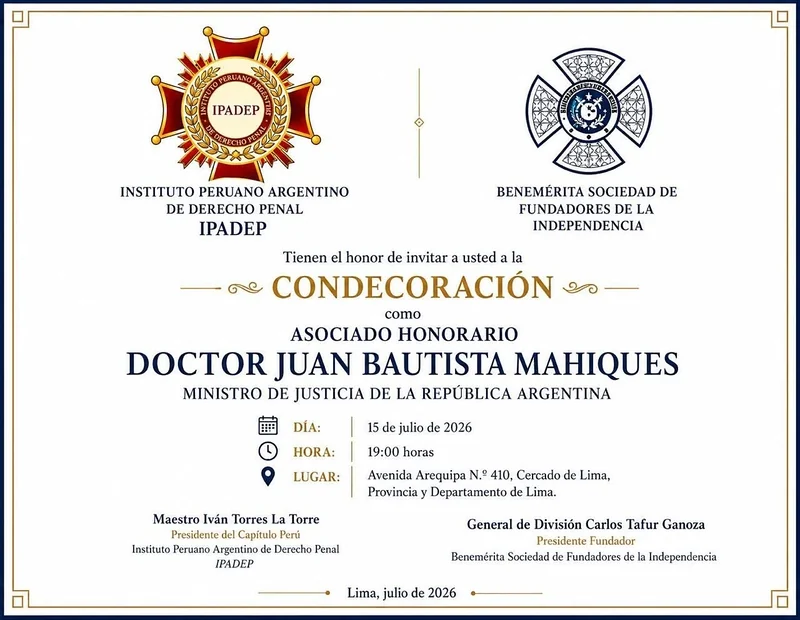 Invitación especial a la ceremonia de condecoración: 15 de julio de 2026, 7:00 p. m., Av. Arequipa N.° 410, Cercado de Lima.
