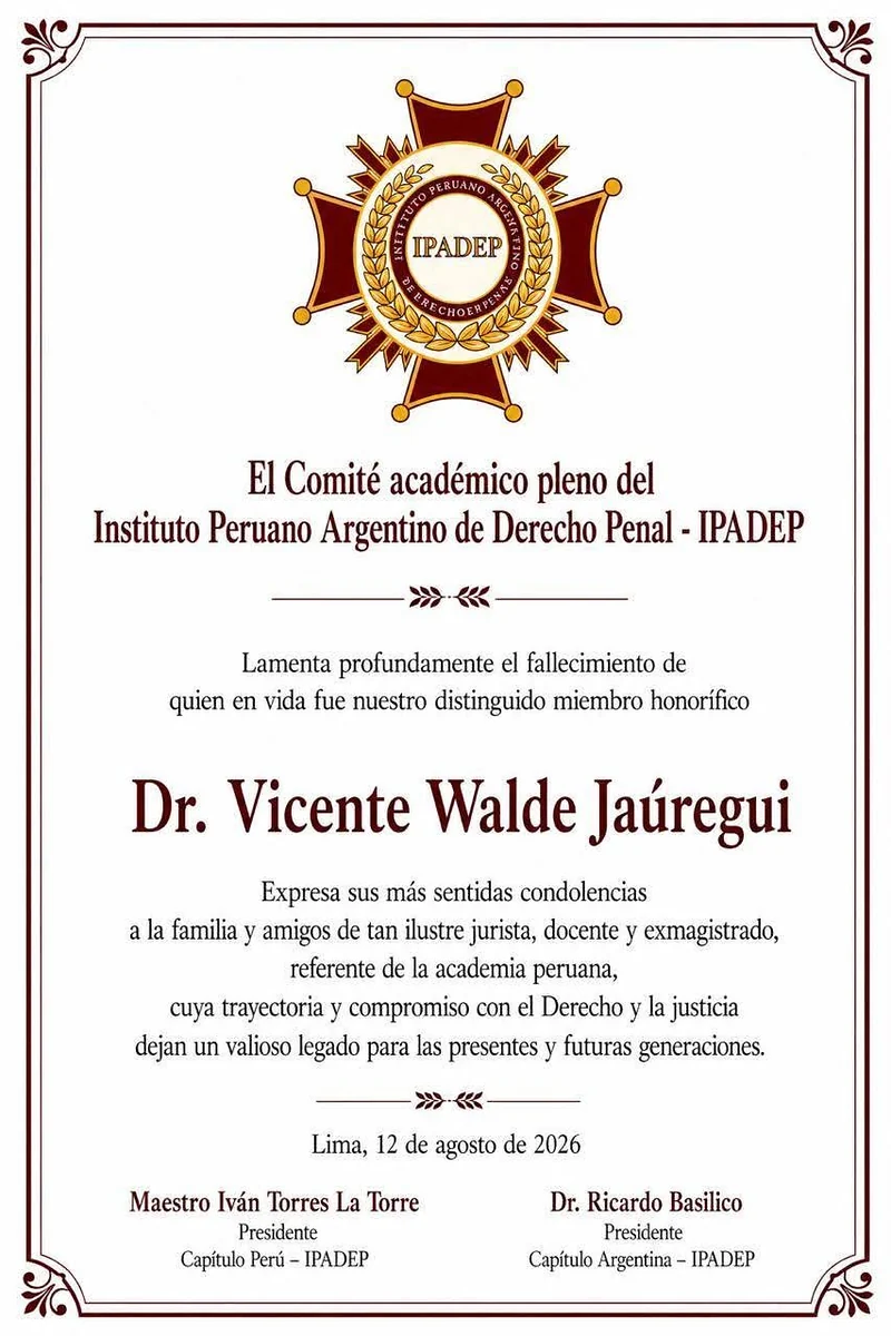 Documento original: Fallecimiento del Dr. Vicente Walde Jáuregui, miembro honorífico del IPADEP