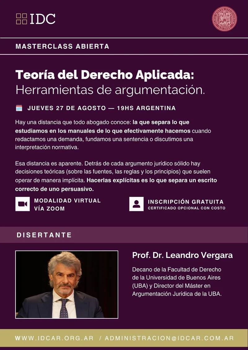 Afiche de la masterclass abierta «Teoría del Derecho Aplicada: herramientas de argumentación».