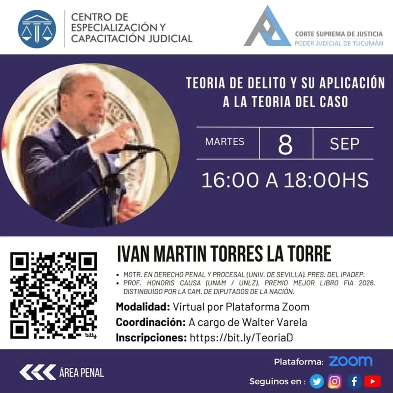 Afiche de la conferencia «Teoría del delito y su aplicación a la teoría del caso».