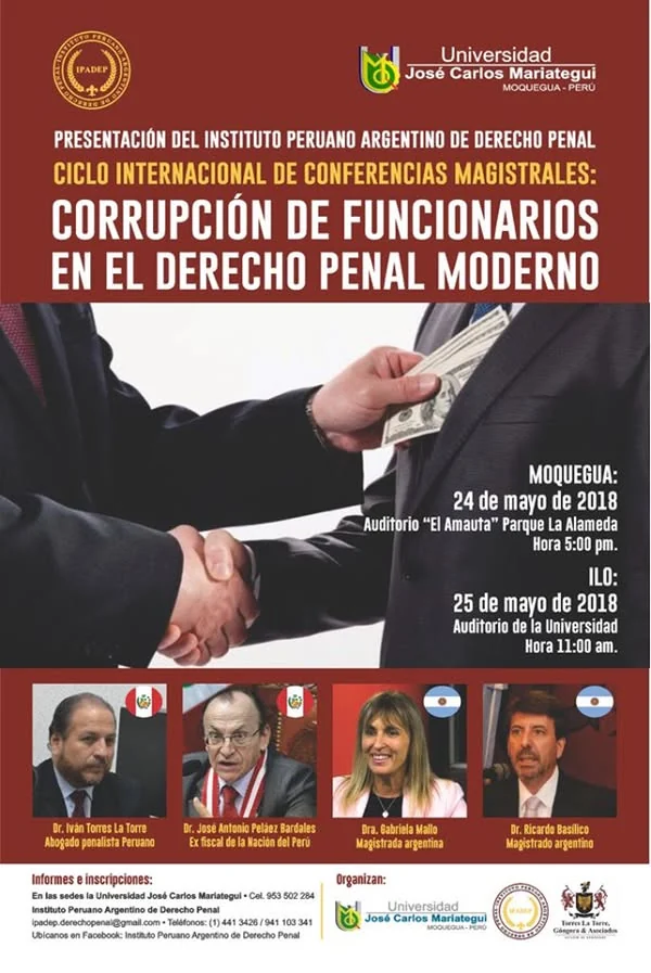 Afiche del ciclo internacional «Corrupción de funcionarios en el Derecho Penal moderno», con jornadas en Moquegua e Ilo.
