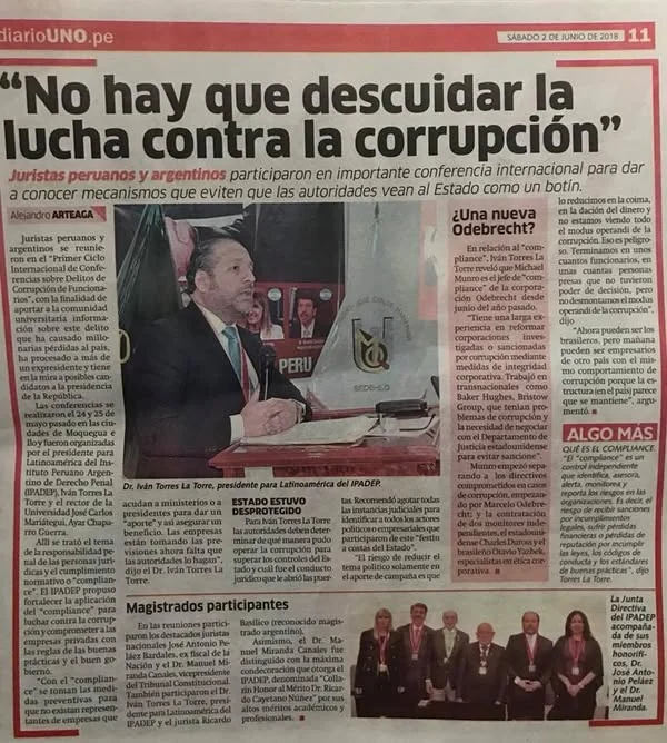 Recorte periodístico «No hay que descuidar la lucha contra la corrupción», relacionado con el ciclo de conferencias de Moquegua e Ilo.