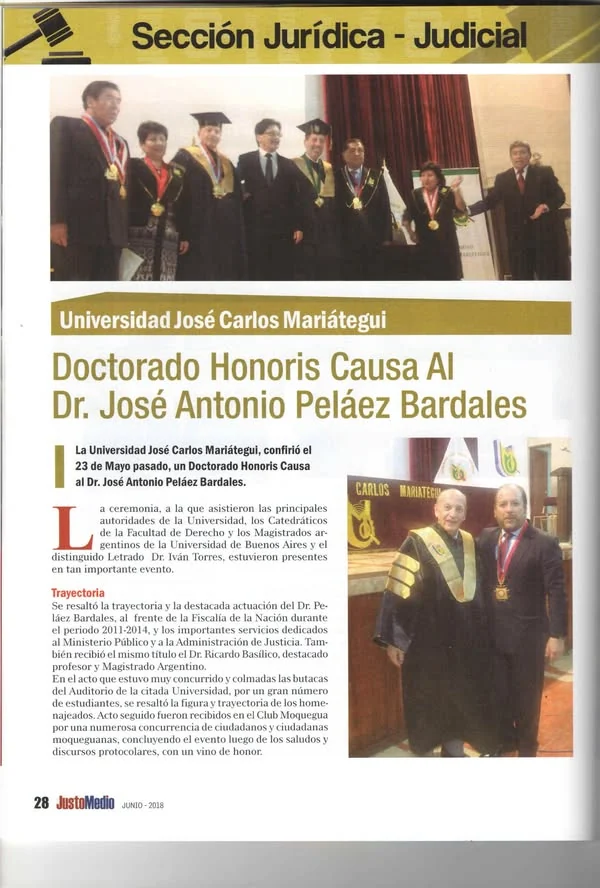 Recorte de la sección Jurídica-Judicial sobre el Doctorado Honoris Causa de la Universidad José Carlos Mariátegui a José Antonio Peláez Bardales.
