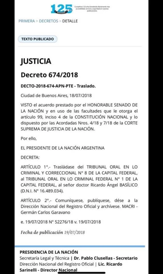 Documento original: Felicitación a Ricardo Ángel Basílico por su designación en el Tribunal Oral en lo Criminal Federal N.º 1