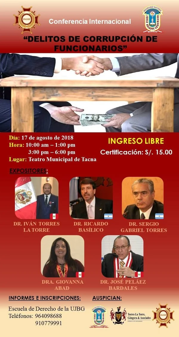 Convocatoria impresa de la conferencia internacional sobre delitos de corrupción de funcionarios en Tacna.