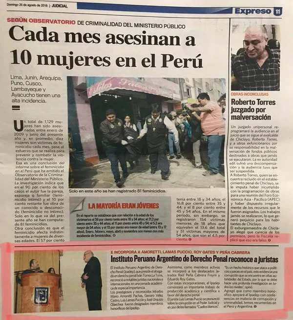 Página del diario Expreso con una nota sobre el reconocimiento del IPADEP a juristas, en la franja inferior.
