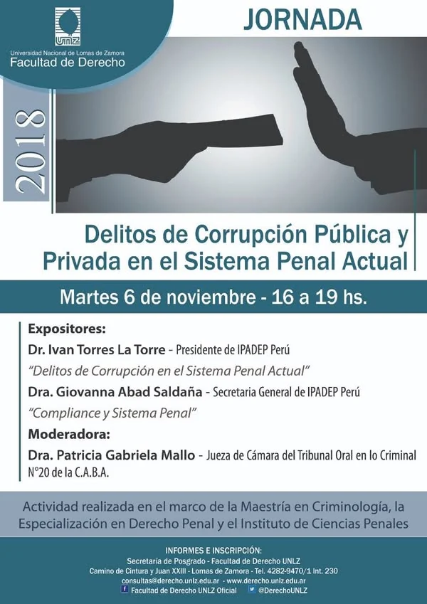 Afiche de la jornada «Delitos de corrupción pública y privada en el sistema penal actual» de la Universidad Nacional de Lomas de Zamora.