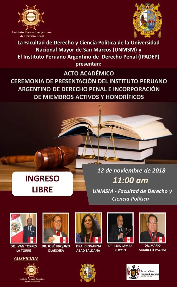 Afiche del acto de presentación del IPADEP e incorporación de miembros activos y honoríficos en San Marcos, anunciado para el 12 de noviembre de 2018.