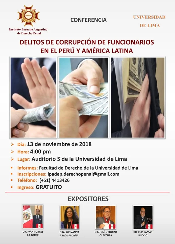 Afiche de la conferencia «Delitos de corrupción de funcionarios en el Perú y América Latina», convocada por la Universidad de Lima para el 13 de noviembre de 2018.