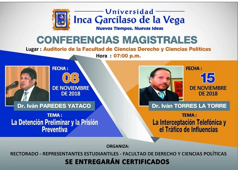 Programa de las conferencias de Iván Paredes Yataco e Iván Torres La Torre sobre prisión preventiva, interceptación telefónica y tráfico de influencias en la UIGV.