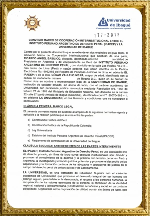 Documento del Convenio Marco de Cooperación Interinstitucional entre el IPADEP y la Universidad de Ibagué, identificado con el número 177-2018. La publicación de Facebook que lo difundió es del 14 de marzo de 2019.