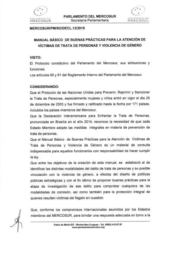 Documento original: El PARLASUR declara de interés un manual sobre atención a víctimas de trata y violencia de género