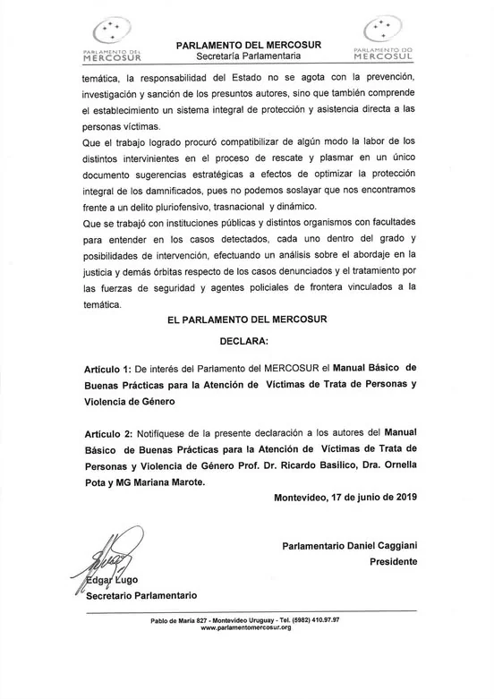 Documento original: El PARLASUR declara de interés un manual sobre atención a víctimas de trata y violencia de género