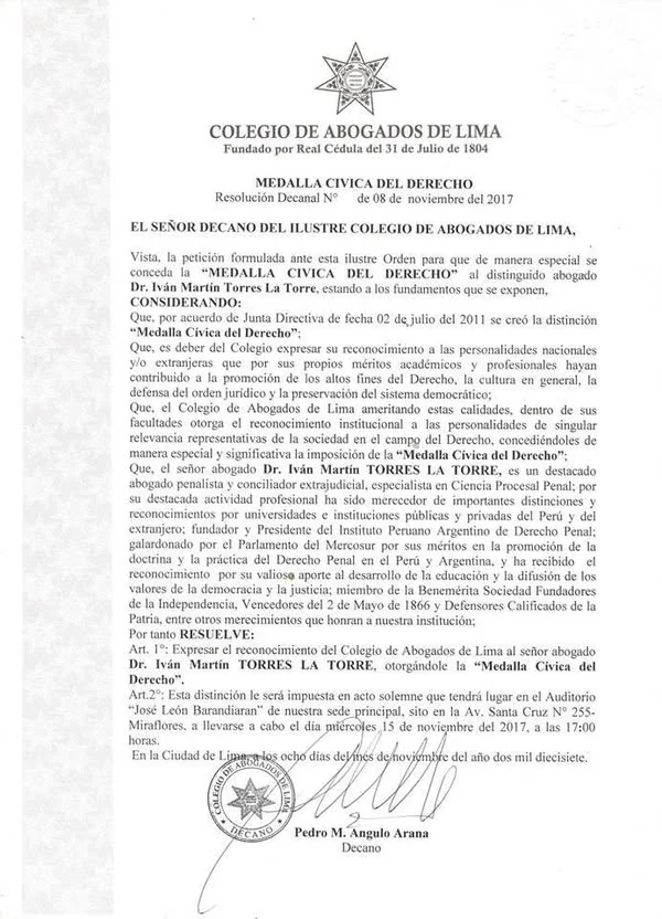 Documento del Colegio de Abogados de Lima sobre la concesión de la Medalla Cívica del Derecho.