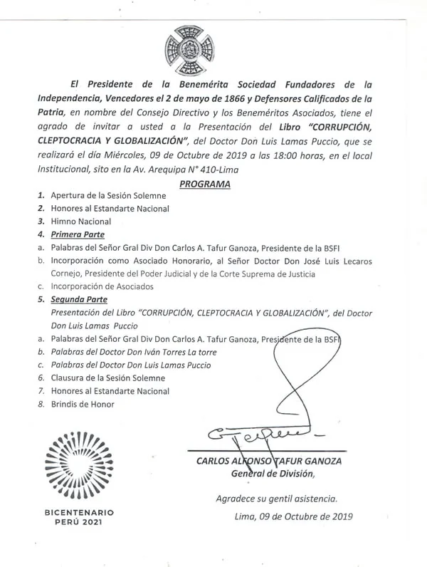 Invitación de la Benemérita Sociedad Fundadores de la Independencia a la presentación de «Corrupción y cleptocracia».