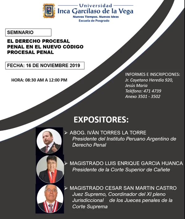 Afiche del seminario «El Derecho Procesal Penal en el nuevo Código Procesal Penal» de la UIGV, anunciado para el 16 de noviembre de 2019.