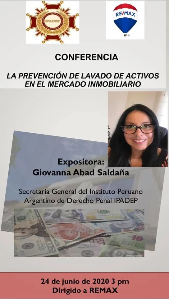 Afiche de la conferencia sobre prevención del lavado de activos en el mercado inmobiliario.