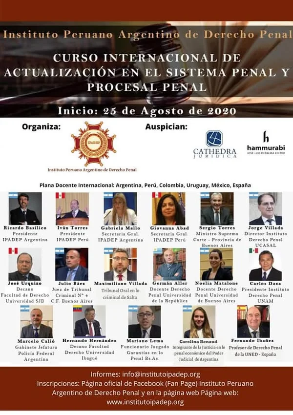 Programa y docentes del Primer Curso Internacional de Actualización en el Sistema Penal y Procesal.