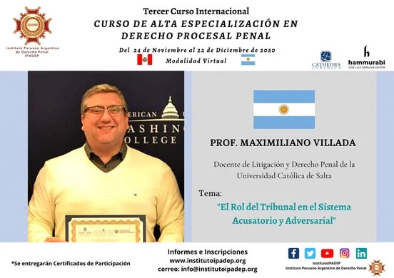 Afiche de la clase de Maximiliano Villada sobre el rol del tribunal en el sistema acusatorio y adversarial.