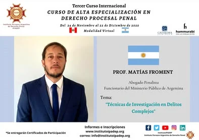 Afiche de la clase de Matías Froment sobre técnicas de investigación en delitos complejos.