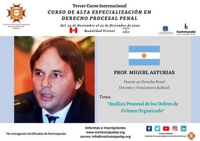 Afiche de la clase de Miguel Astorios sobre análisis procesal del delito de crimen organizado.