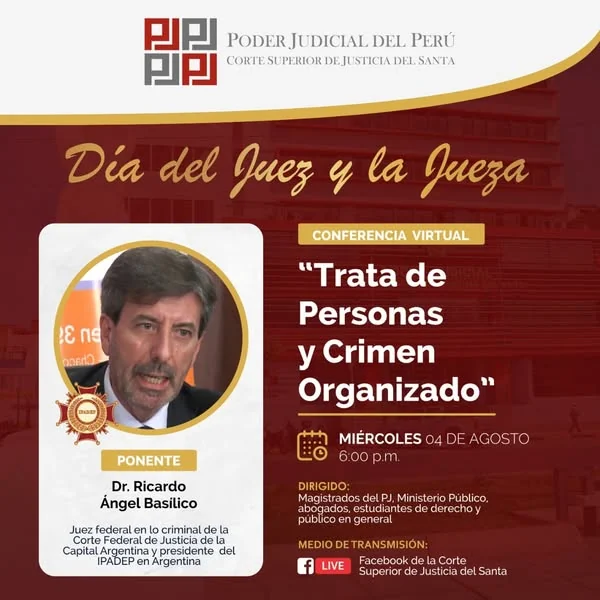 Afiche de la conferencia «Trata de personas y crimen organizado» por el Día del Juez y la Jueza.
