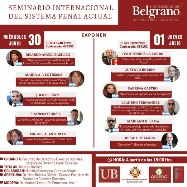 Afiche del seminario internacional del sistema penal actual organizado con la Universidad de Belgrano.