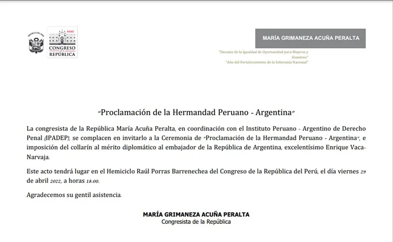 Invitación a la proclamación de la hermandad peruano argentina.