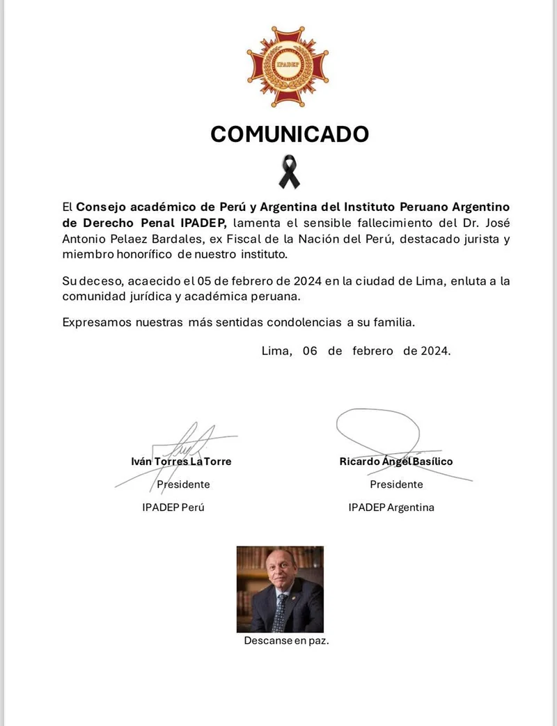 Documento original: Condolencias por el fallecimiento del Dr. José Antonio Peláez Bardales