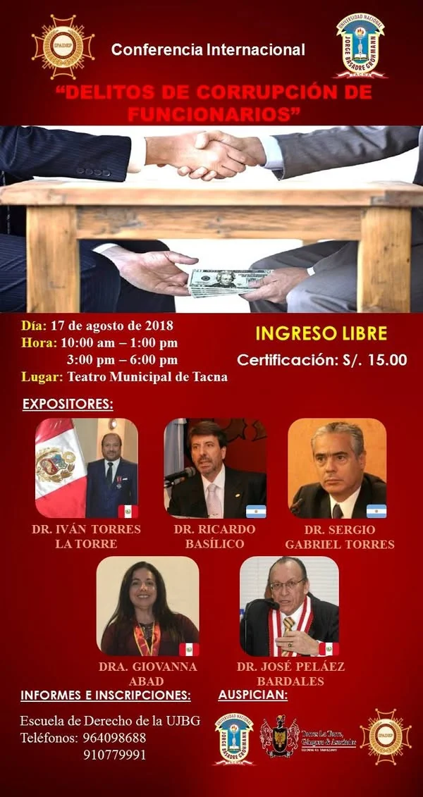 Afiche de la conferencia internacional «Delitos de corrupción de funcionarios» en Tacna, con los expositores e instituciones participantes.